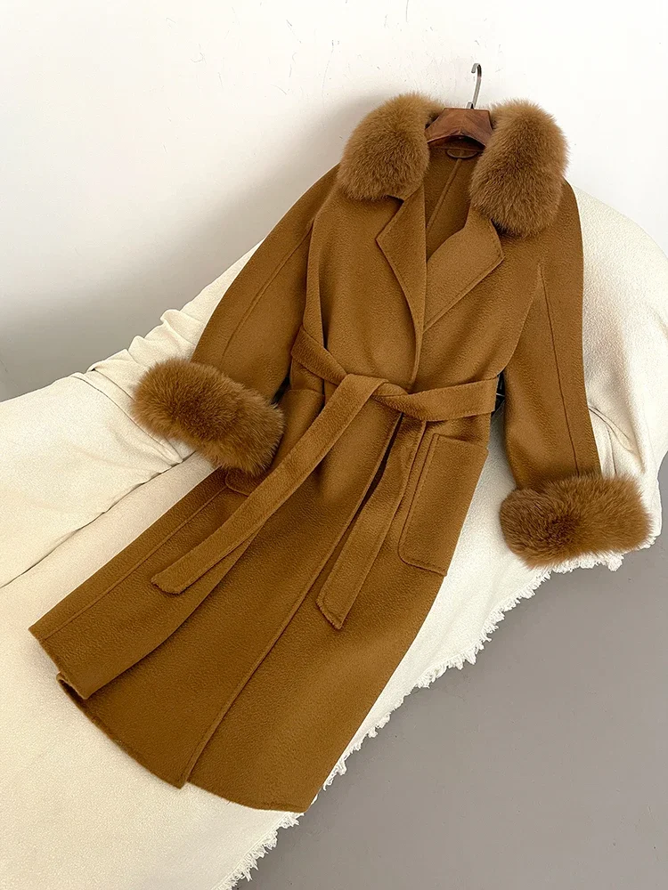 Женское шерстяное пальто с натуральным лисьим мехом элегантная свободная