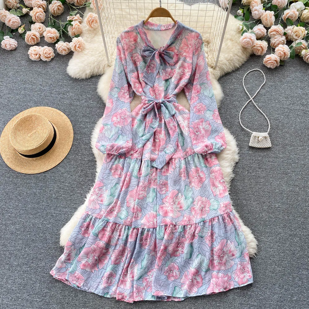 

2022 New Spring Autumn Women Lace-up Neck Long Sleeve Slim Long Dress Korean Chic Sweet Floral Vacation Dress