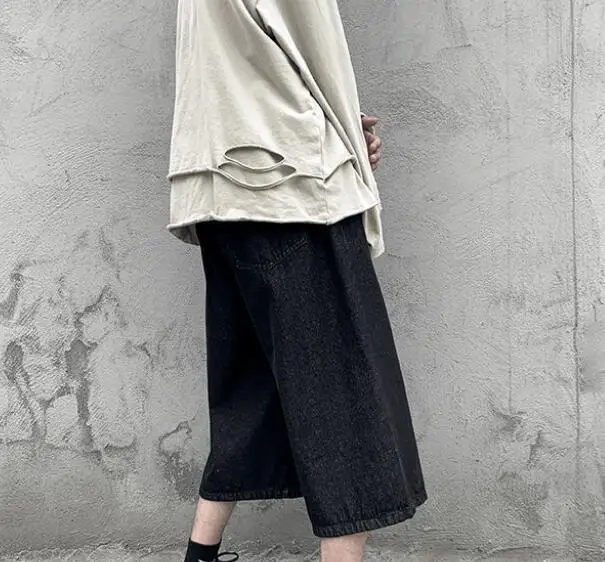 Men's Summer Pants Straight Jeans Thin Loose Wide Leg Cropped Shorts Denim Pants