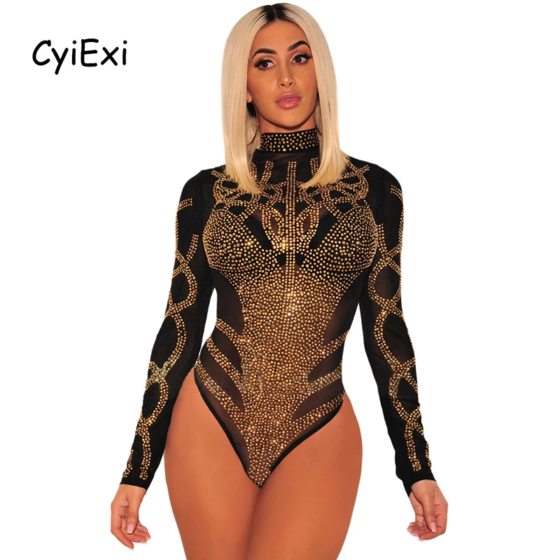 

Женское сексуальное боди CyiExi, черное, Золотое боди с длинным рукавом, прозрачная сетчатая водолазка, бюстье, Женское боди, топы, одежда