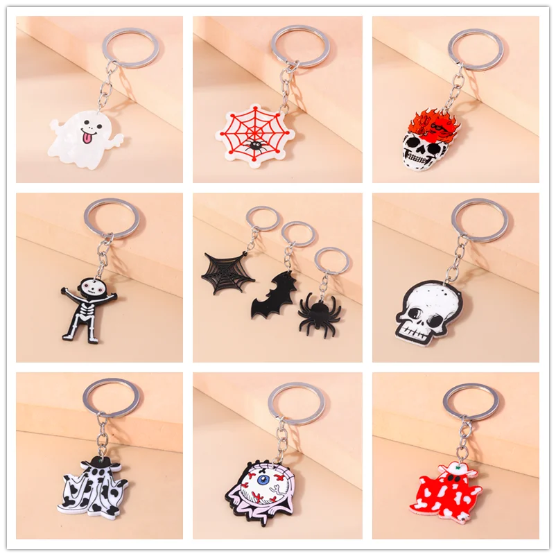 

Acrylic Halloween Keychain Creepy Skull Skeleton Eyeball Pumpkin Spider Bat Ghost Keyring Chain for Halloween Party Jewelry Gift