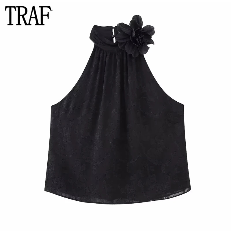 

TRAF Floral Crop Top Women Black Jacquard Halter Top Female Sleeveless Ruched Blouses Women Streetwear Loose Tanks Tops Ladies