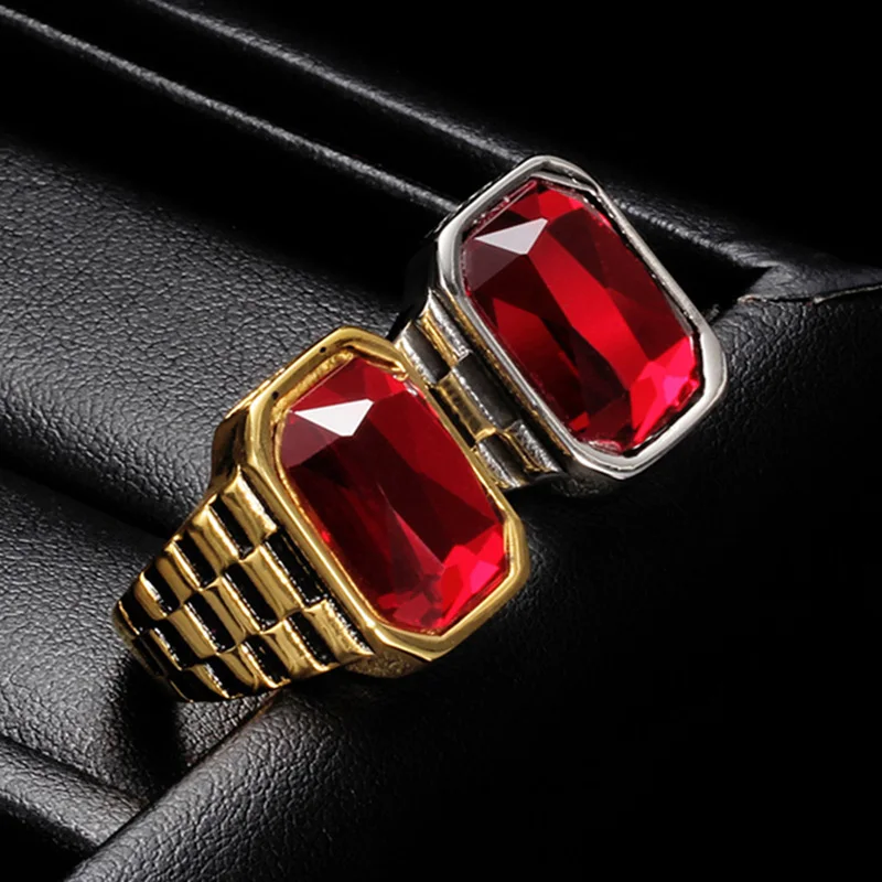 

Vintage Palace Trend Casting Finger Jewelry Luxurious Ruby Thumb Ring Gold Plated Titanium Steel Ring Manufacturers Wholesale