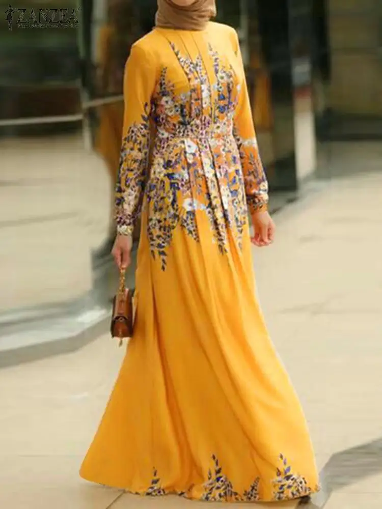 Женское весеннее платье ZANZEA, ретро мусульманское платье с длинным рукавом, винтажное платье с цветочным принтом, повседневная одежда, хиджа...