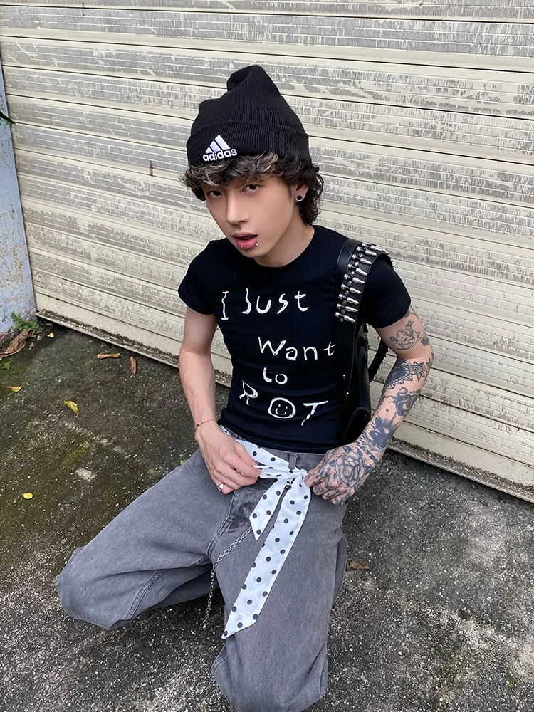 RMDT I Just Want to Lazy American Street Sle Hot Girl Повседневная облегающая футболка с короткими