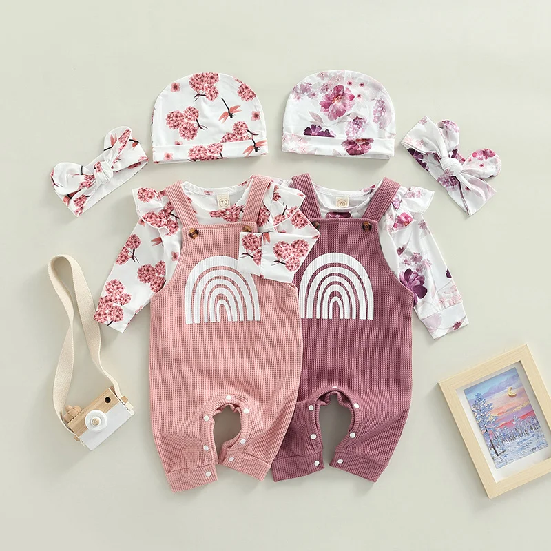 

Autumn Newborn Baby Girls 4pcs Clothes Outfits Ruffles Long Sleve Bodysuits+rainbow Knitted Suspender Jumpsuits+hats+headband