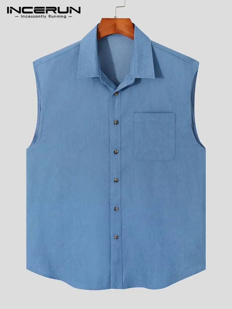 INCERUN Tops 2022 American Style New Men's Denim Solid Blouse Casual Streetwear Personality Sleeveless Laple Button Shirts S-5XL