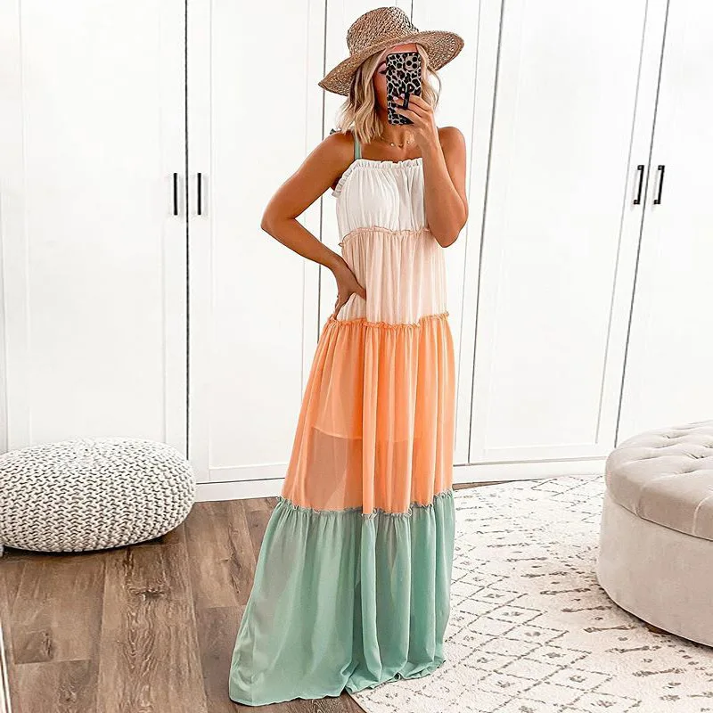 

Spring 2023 New Women's Sleeveless Sling Patch Color Dress
