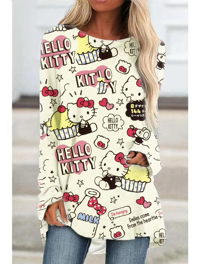 

Spring Hello Kitty Chinese Red Top Cute New Fashion Loose Round Neck Ladies Hello Kitty Raglan Sleeve Street Festive Style Top