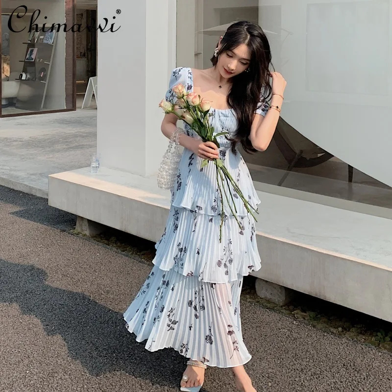 Light Blue Printed Fairy Square Collar Backless Dress Women's 2022 Summer Dress New Fashion Short Sleeve Cake Pleated Dresses