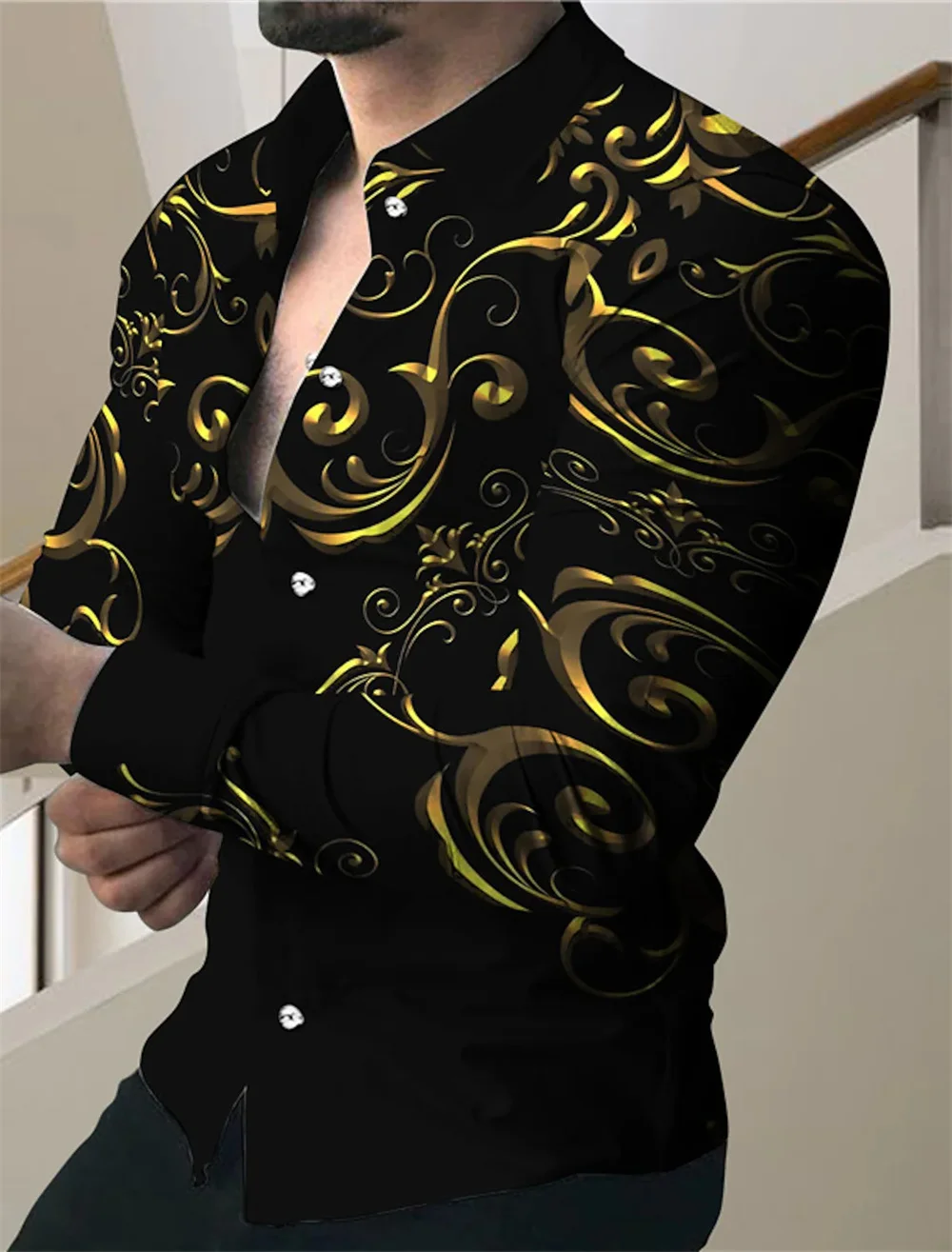 2023 men's party luxury social men's lapel button shirt plaid print long-sleeved shirt casual street designer clothing top