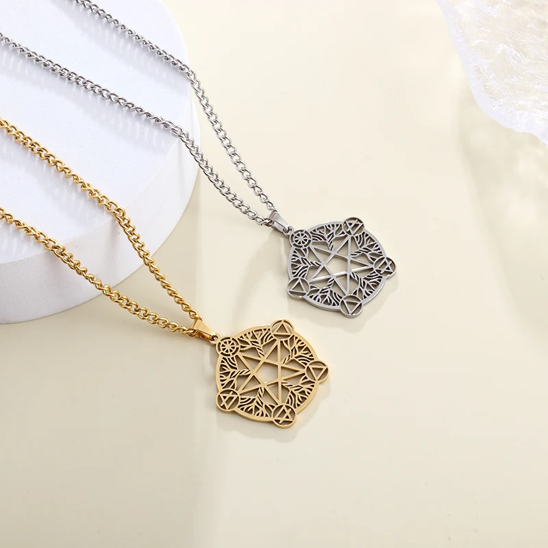 

Men Women Fashion Design Round Pentagram World Tree Symbol Pendant Necklace Casual Punk Stainless Steel Fashion Gift