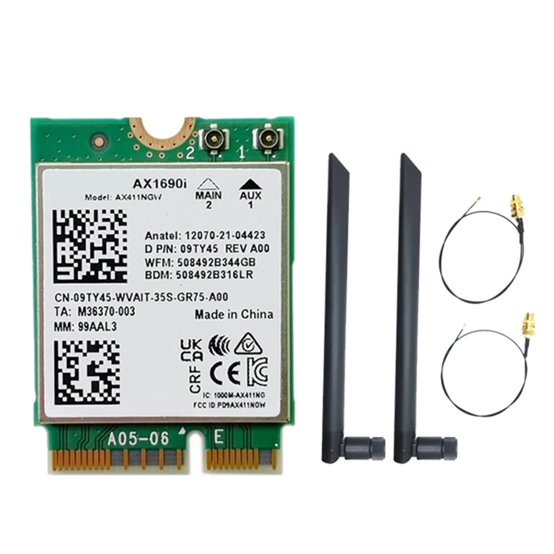 

Карта Wi-Fi AX1690I + антенна 2x8 дБ, AX411 Wi-Fi 6E, скорость 2,4 Гбит/с, 802.11Ax 2,4/5/6 ГГц, Bluetooth, 5.3, беспроводной модуль