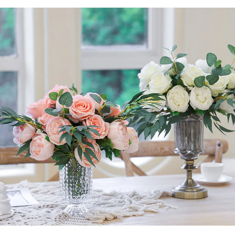 

PARTY JOY 27Pcs Silk Artificial Rose Peony Flowers Branch Bouquet for Bride Wedding Home Decor Fake Plants DIY Supplies Accessor
