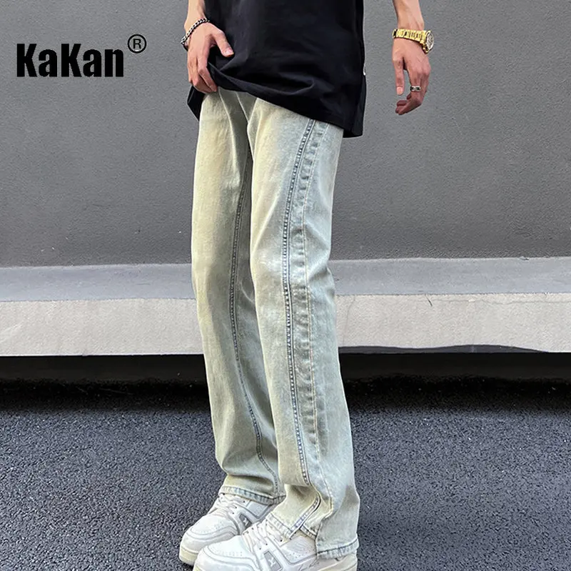 Kakan - New Yellow Mud Wash Jeans for Men, Elastic Loose Relaxed Long Jeans K24-ZLJLB0109