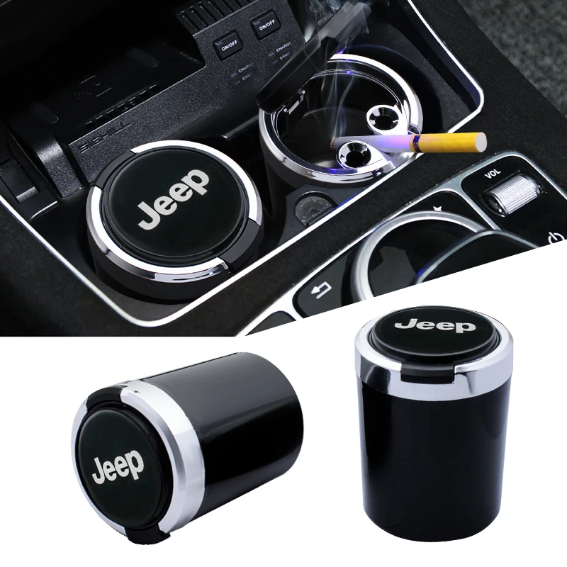 

Car Logo LED Ashtray Storage Cup Smokeless Car Ashtray Auto Accessories For Jeep Renegade Compass Grand Cherokee Wk2 Wrangler JK