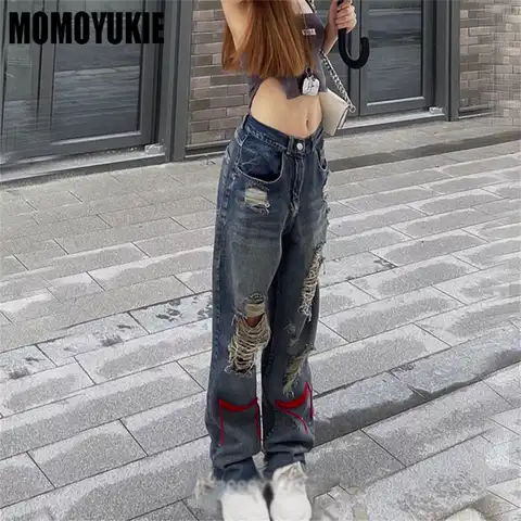 spring 2022 womens ripped hole boyfriend high waist  Women's Wide leg jeans baggy woman denim Pants jean mom jeans trousers