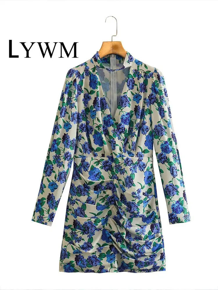 

LYWM женское модное Плиссированное мини-платье с цветочным принтом спереди, винтажное платье с круглым вырезом, молнией сзади и длинными рука...