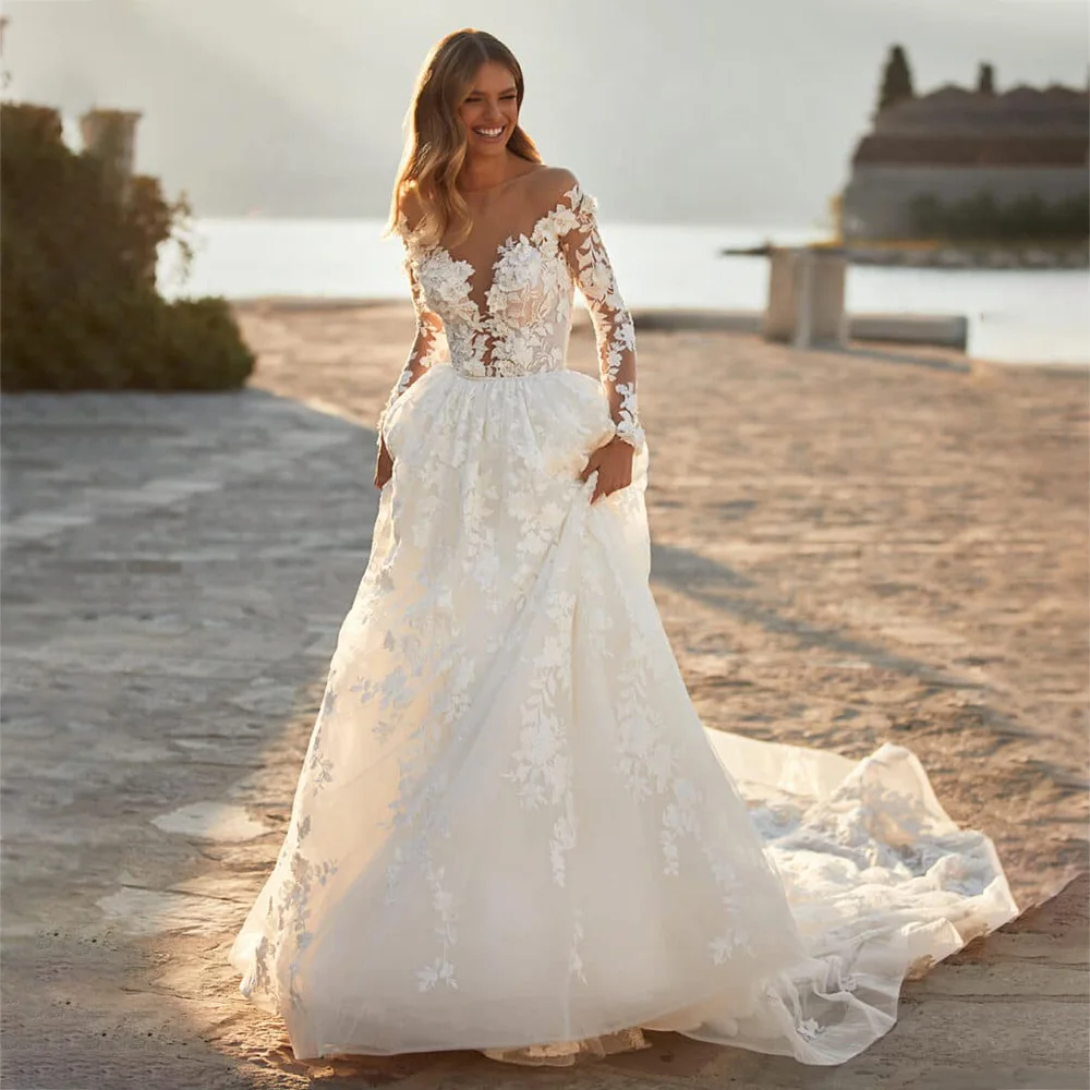 

Weilinsha Boho A-Line Wedding Dresses Open Back Plunging Neckline Applique Transformer Long-Sleeve Ivory Tulle Wedding Gown