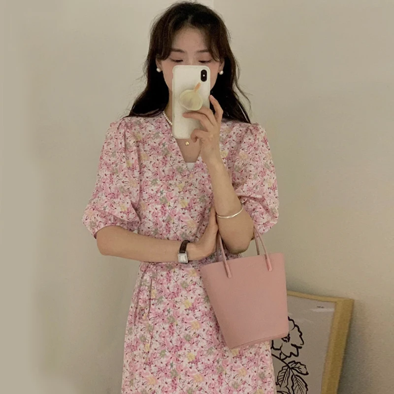 

E GIRLS Women Pink Floral V neck Tie Waist Slim Puff Sleeves Dress 2022 Korean Chic Summer Elegant Vestido Long Dresses Female