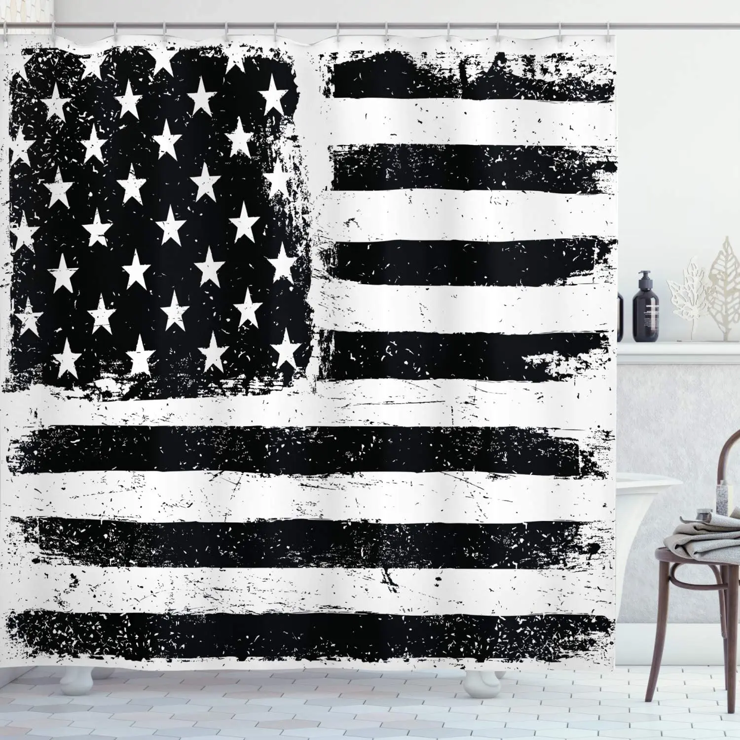 

United States Shower Curtain, Grunge Aged Black and White American Flag Independence Fourth of July Design, Cloth Fabr