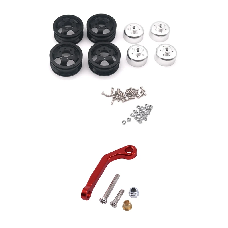 

2 Set RC Car Part: 1 Set Upgrade Metal Wheel Rim Kit Wheel Hub & 1 Set Metal Servo Pull Rod,Red