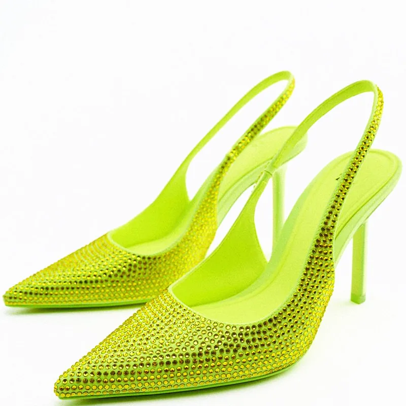 TRAF Summer Woman Heeled Sandals 2022 Rhinestone Heels Ladies Pumps Women High Heels Slingback Red Green Shoes Slingback Heeled