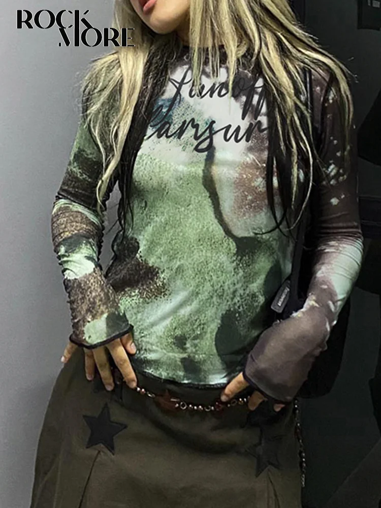 

Rockmore Vintage Tie Dye Mesh T Shirt Women y2k Aesthetic Kawaii Print Short Sleeve Crop Tops Casual Crewneck Tee Fairy Grunge