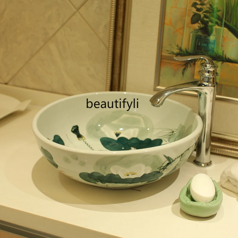 

zqWash Basin Bathroom Home Art Inter-Platform Basin Washbasin Lotus on Wash Basin