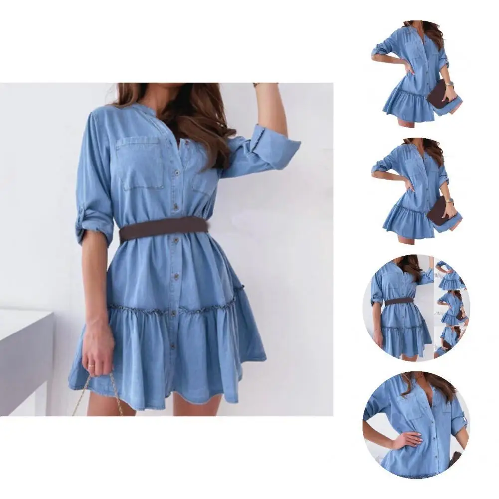 

Simple Fashion Dress Single Breasted Above Knee Youthful Pure Color Retro Denim Dress