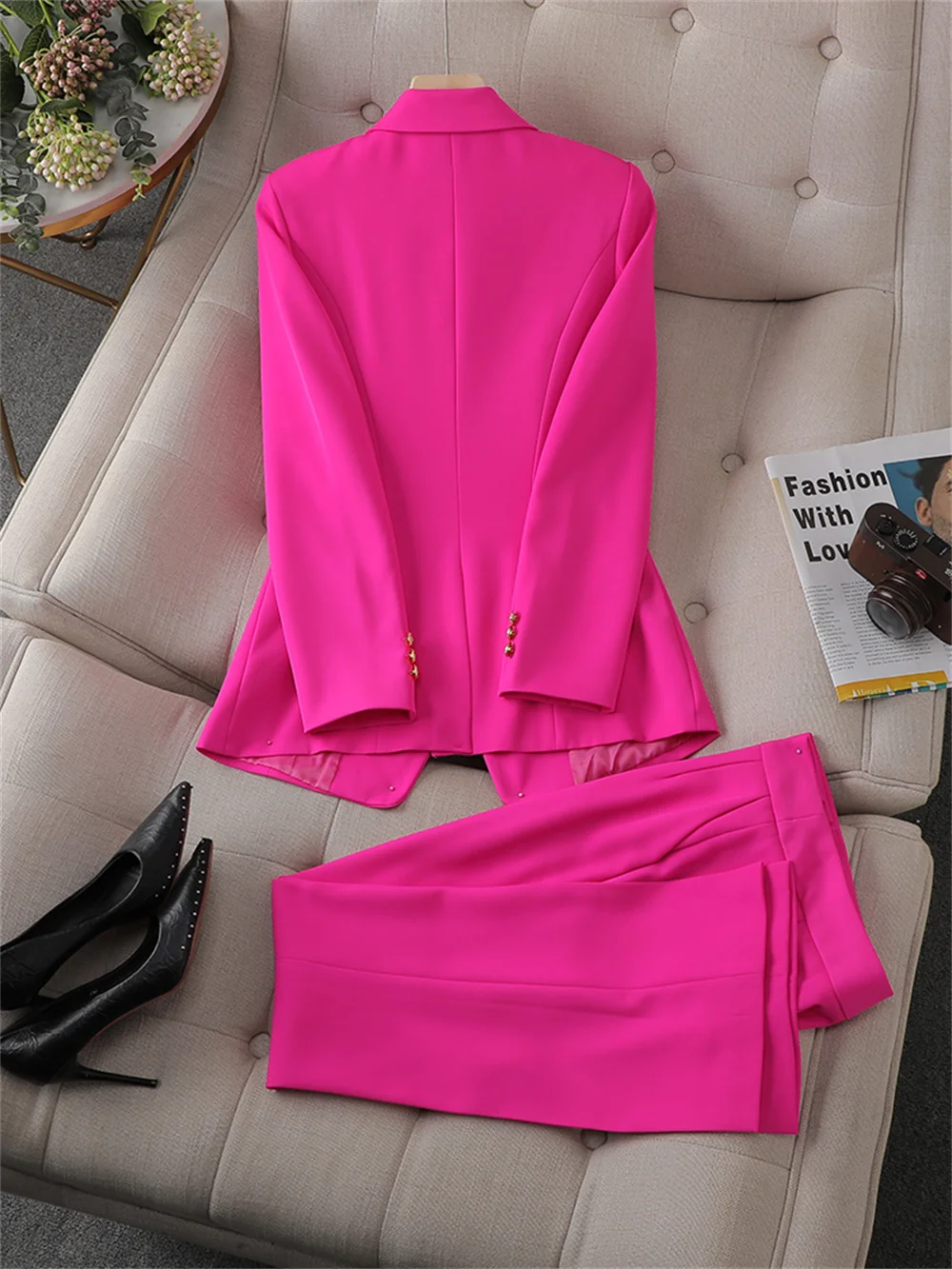 2023 New in Women 2 Piece Set Fashion Female Pink Jacket Trouser Business Work Wear Elegant Ladies Formal Blazer and Pant Suit