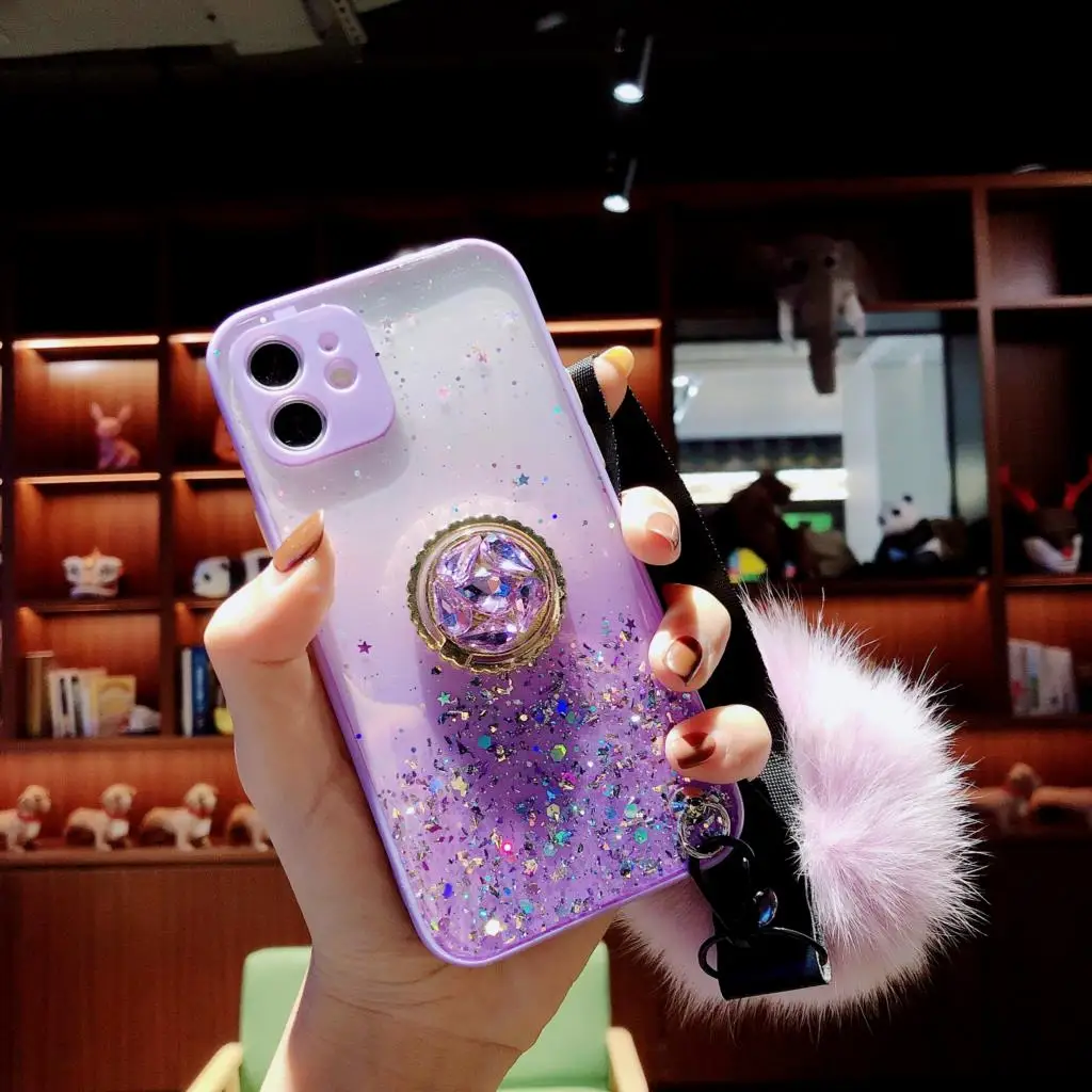 

Gradient Sequins Clear Glitter Case For iPhone 15 14 13 12 11 Pro Max Plus X XR XSMax Soft TPU Back Stand Cover Fuzzy Ball Coque