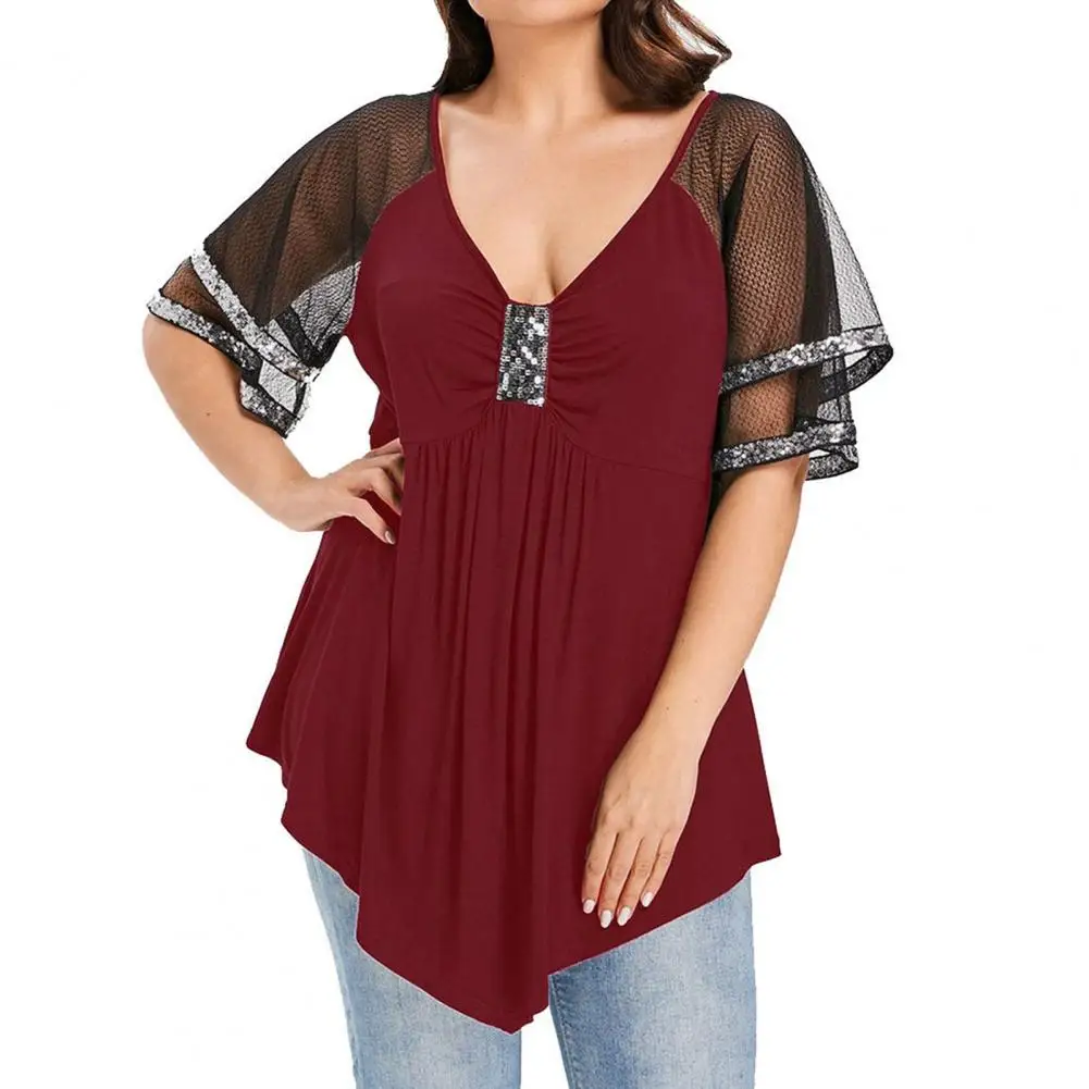 

Summer Tops Plus Size Women T-shirt Lady Sequins Stitching Oversized Tee Top