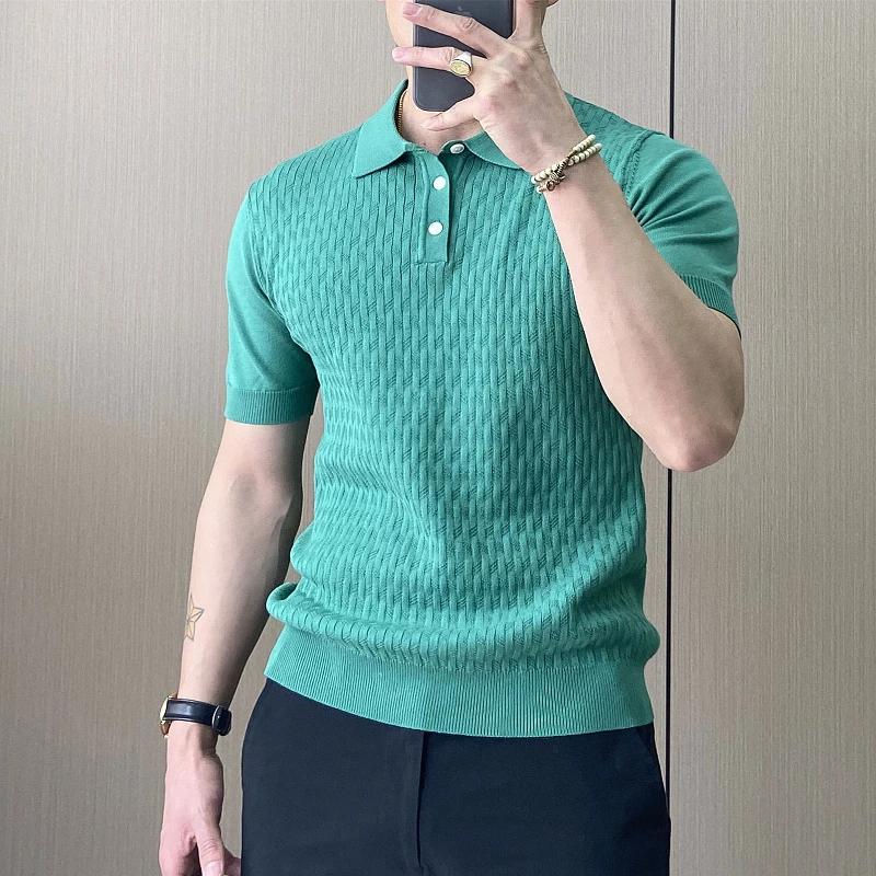 

British Style Polo Shirts Men Knitted Short Sleeve T-shirts Slim Casual Business Social Polo Hombre Streetwear Lapel Tee Tops