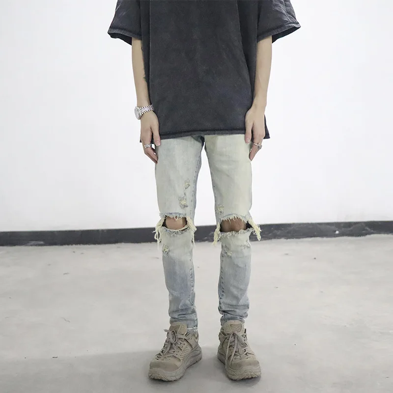 Mens Jeans Slim Fit Retro Light Blue Washed Streetwear Men Summer Fashion Denim Pants Full Length Ripped Jeans