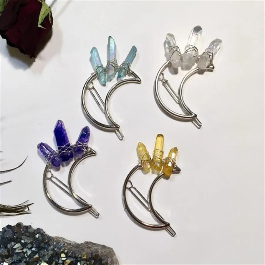 

Natural White Crystal Electroplated Color Golden Moon Handmade Hair Clip Jewelry Accessories