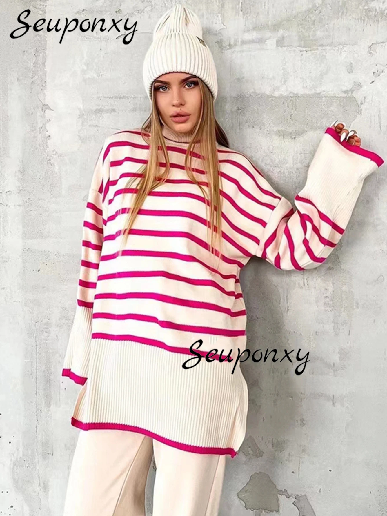 

High Quality Women's Sexy Turtleneck Flared Sleeves Fashion Striped Loose Pullover 2022 Fall Women's Casual Knit Sweater