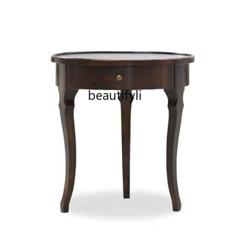 

yj American Style Solid Wood round Small Coffee Table Corner Table Light Luxury Wooden Craft Simple Retro Side Table