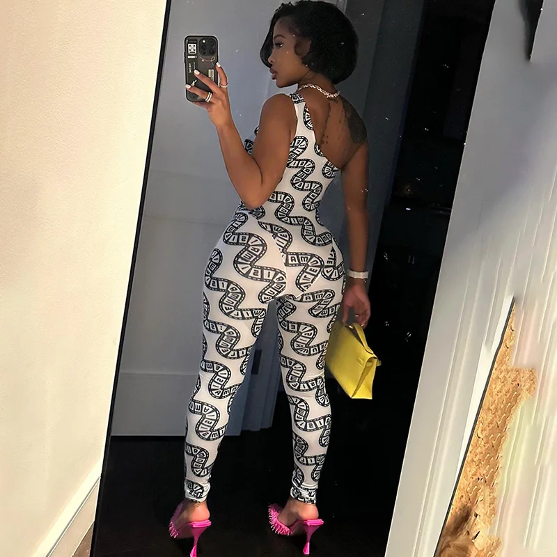 

Print Inclined Shoulder Jumpsuit Women Skinny Sleeveless Fitness Activity Casual Sporty Streetwear Workout Overalls