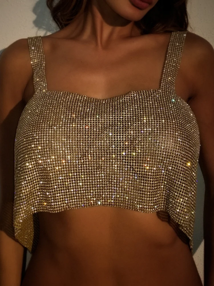

Women Sexy Gothic Crop Top Backless Bling Metallic Sequin Shiny Cute Tank Top Vest Rhinestone Night Club Party Summer Camisole