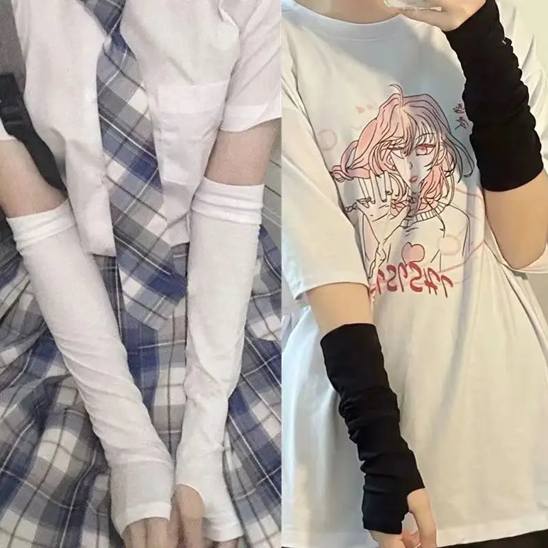 Y2k Goth Lolita Anime Thin Solid Gloves JK Kawaii Girl Mitten Oversleeve Man Women Fashion Sun Block Cuff Fingerless Arm Warmers