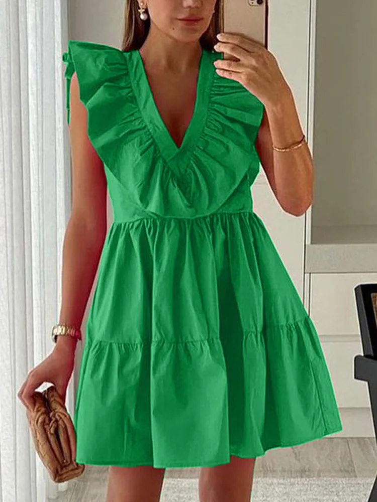 

Элегантное свободное платье-трапеция без рукавов с V-образным вырезом и оборками, пикантное модное мини-платье с высокой талией, новинка сез...