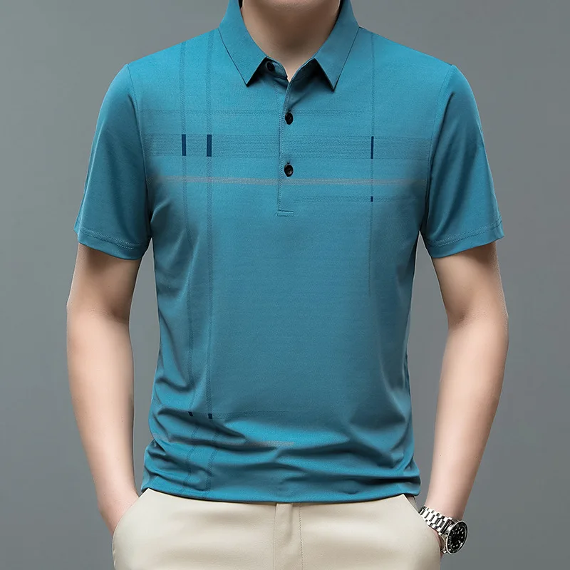 Golf Men's New Stripe Printed Short Sleeve T-shirt Summer New Loose Elastic Polo Shirt Men's Ice Silk Polo Neck T-shirt