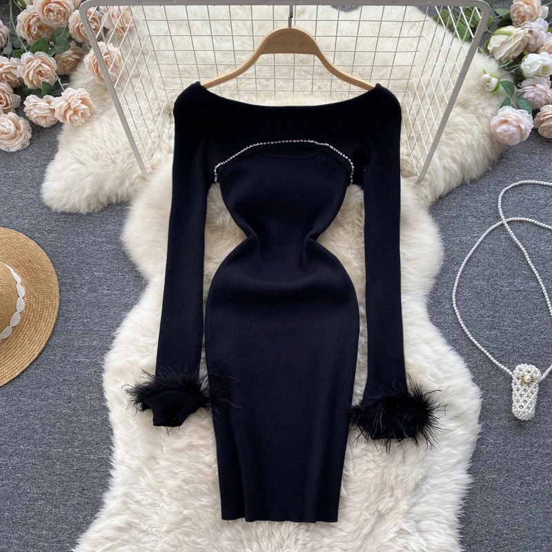 

Women Chic Feather Puff Long Sleeve Hollow Bodycon Dress Sexy Party Elegant Fashion Knit Wrap Sequins Vestidos Slim Pencil Robe
