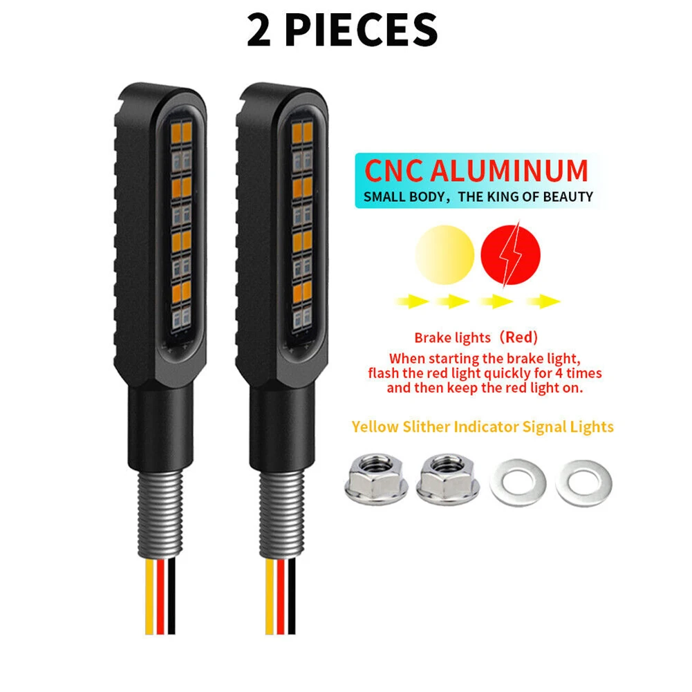 

2x Universal LED Motorcycle Turn Signal Indicator Light M8 Screw Red & Yellow DC 12V 3 Wires IP68 Waterproof