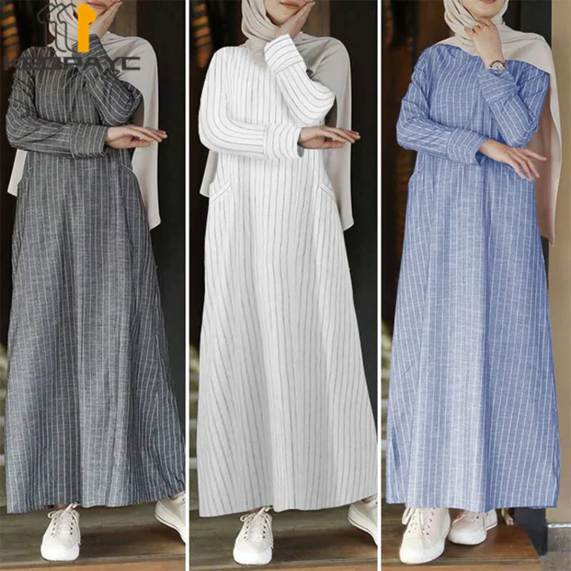 Muslim Women Dubai Abaya Cotton Linen Long Dress Kaftan Islam Arab Vintage Striped Dresses Robe Middle East Ramadan Eid Clothing