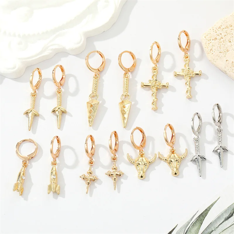

1 Pair Gold Punk Vintage Rose Cross Earrings Rocket Dagger Pendant Hoop Earrings Alloy Jewelry Fashion Simple Dangle Earrings