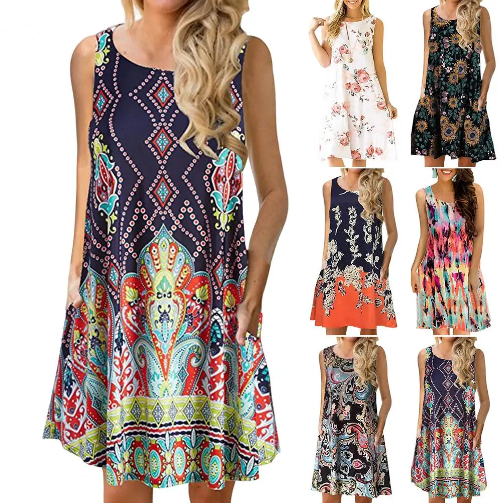 

Dresses for Women O-neck Slant Pockets Swing Hem A-Line Women Dress Ladies Beach Floral Print Sleeveless Sundress Female Clothes