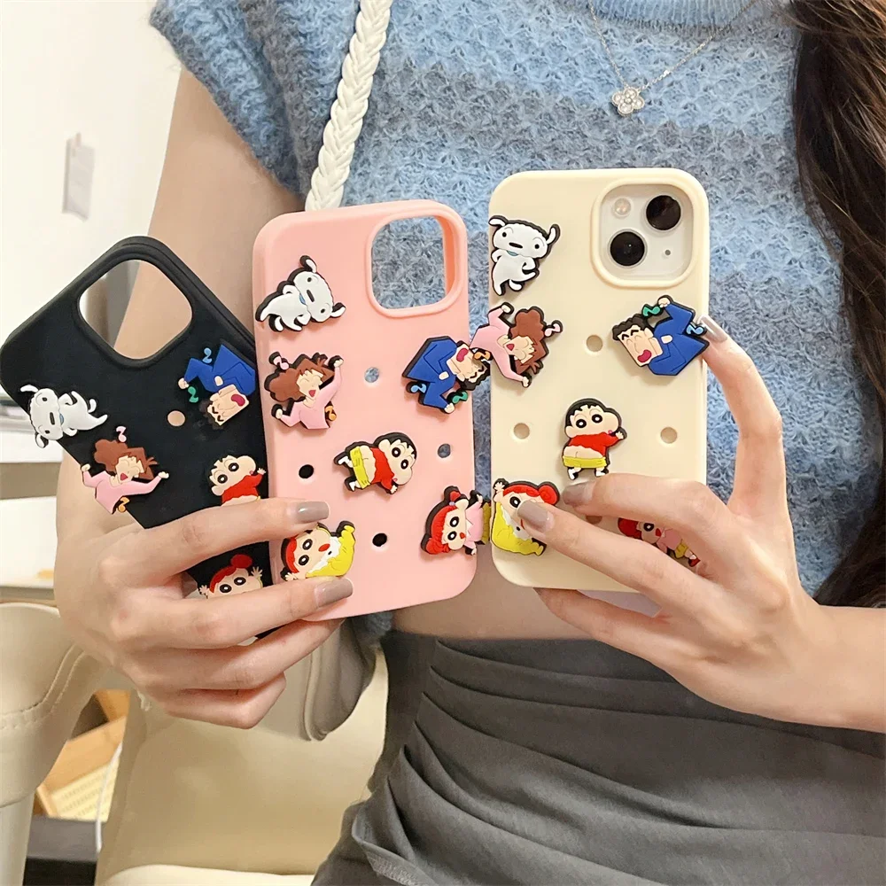 

3D DIY Cartoon Crayons Shinchans Phone Case For iPhone 15 14 13 12 11 Pro Max 14 Pro Couple Anti-drop Silica gel Soft Back Cover