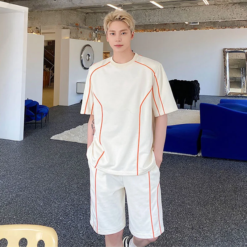 

C Y Summer Casual Men's Suit Two-piece O-neck Short Sleeve T-shirt Shorts Male Trend Shoulder Pad Webbing Design Set 9A8030